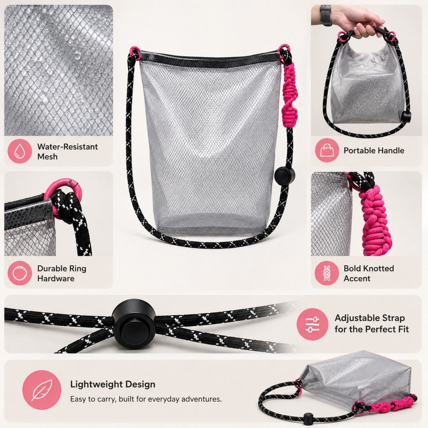Mesh Wet Dry Crossbody Beach Bag with Adjustable Strap