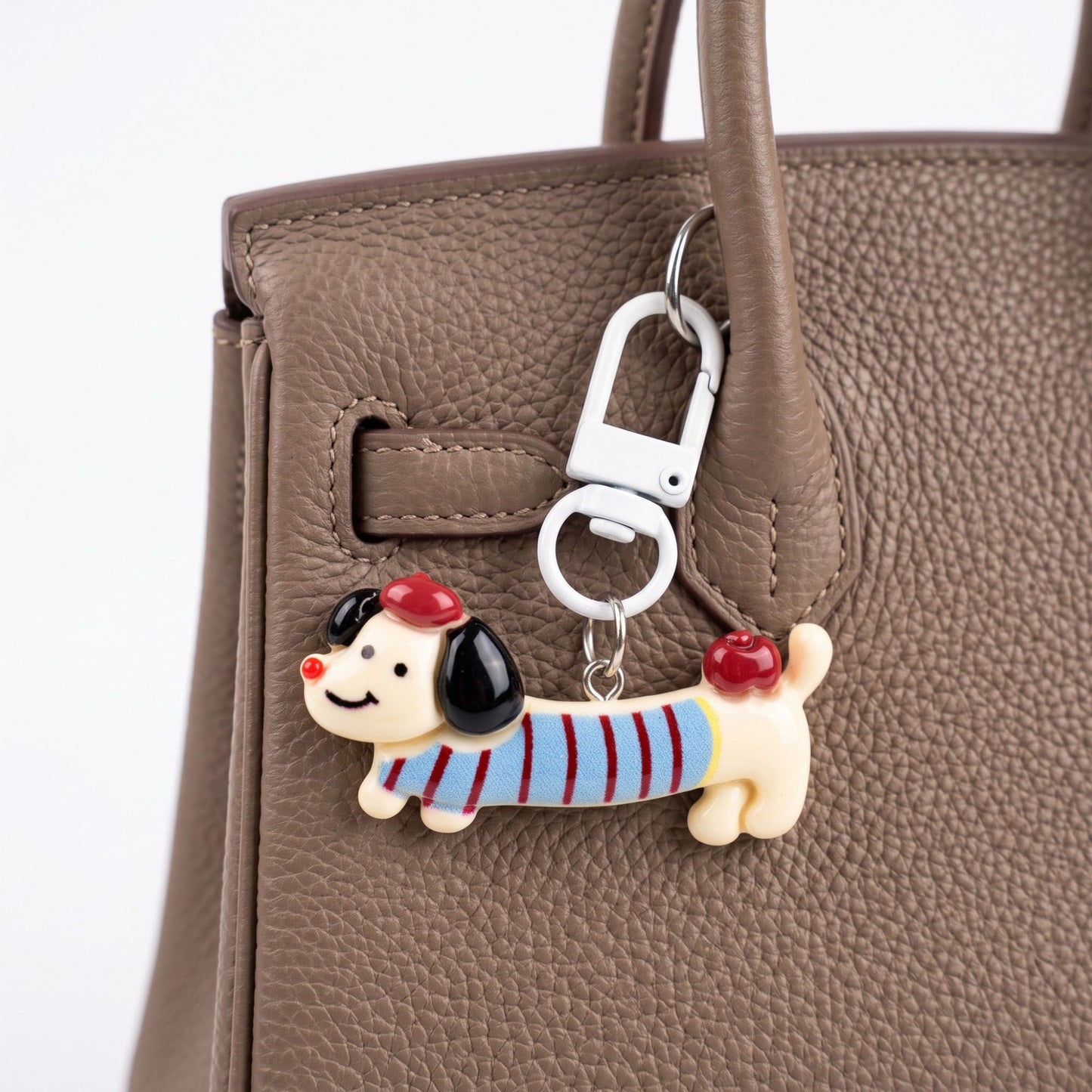 2-Piece Dachshund Dog Keychain Bag Charm Striped Sweater Apple Accent Clip Key Ring