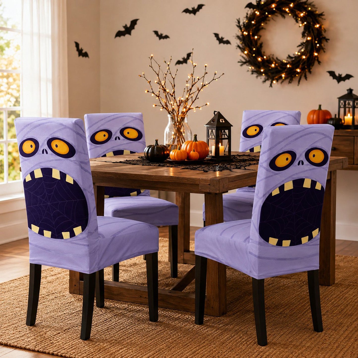Halloween Stretch Dining Chair Cover with Pumpkin and Mummy Print