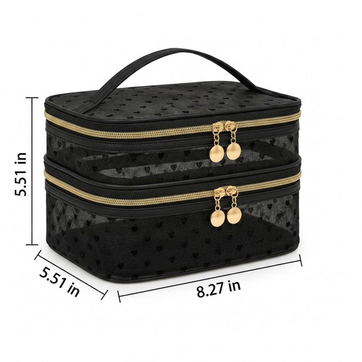 Two-Tier Cosmetic Organizer Bag with Heart Print Mesh Panels Gold Zippers and Carry Handle