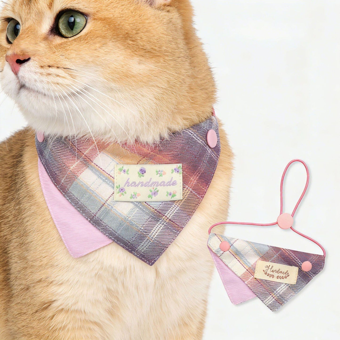 Pet Bandana Collar Soft Adjustable Plaid Scarf with Button Closure and Decorative Patch Design