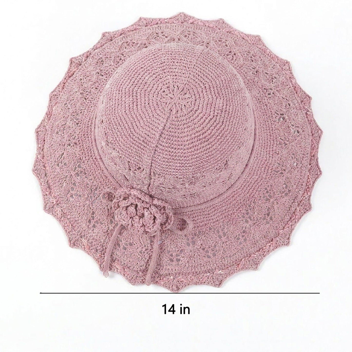 Crochet Wide Brim Sun Hat with Scalloped Edge Floral Accent and Chin Strap