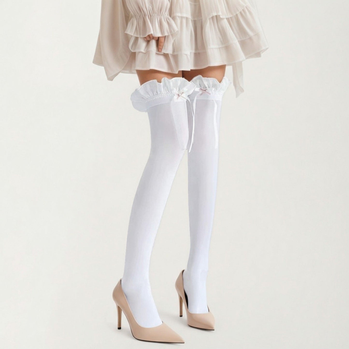 Over-the-Knee Tights with Ruffled Trim and Satin Ribbon Bow Detail