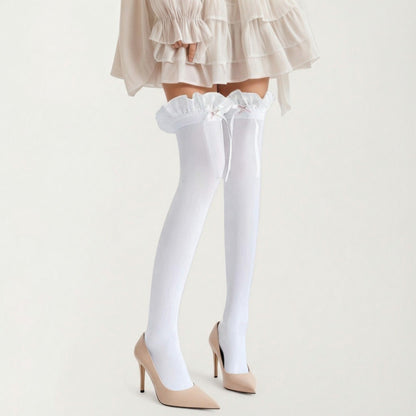 Over-the-Knee Tights with Ruffled Trim and Satin Ribbon Bow Detail