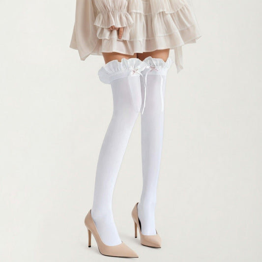 Over-the-Knee Tights with Ruffled Trim and Satin Ribbon Bow Detail