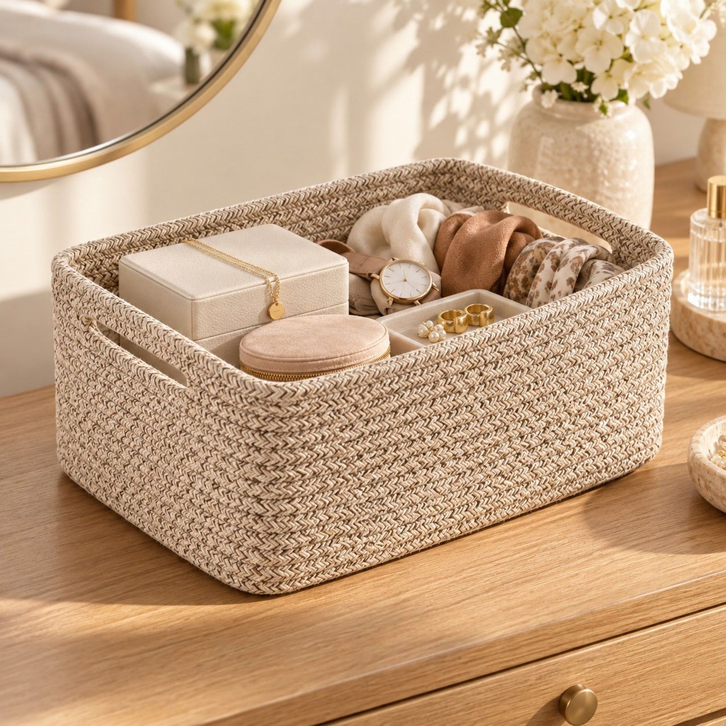 3 Piece Rectangular Woven Cotton Cord Desktop Storage Basket Set