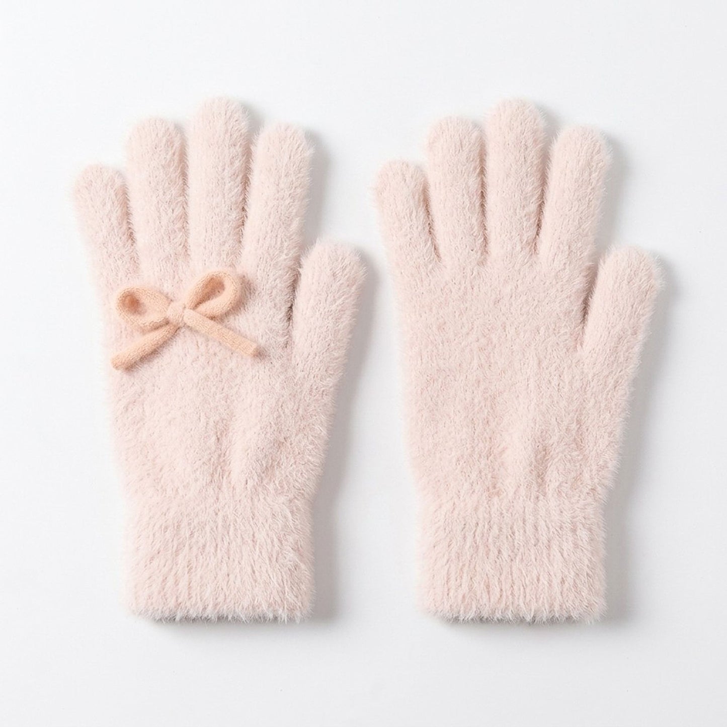 Soft Fuzzy Winter Gloves with Knit Bow Detail