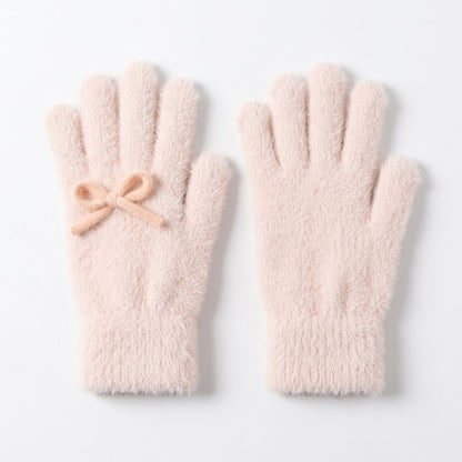 Soft Fuzzy Winter Gloves with Knit Bow Detail
