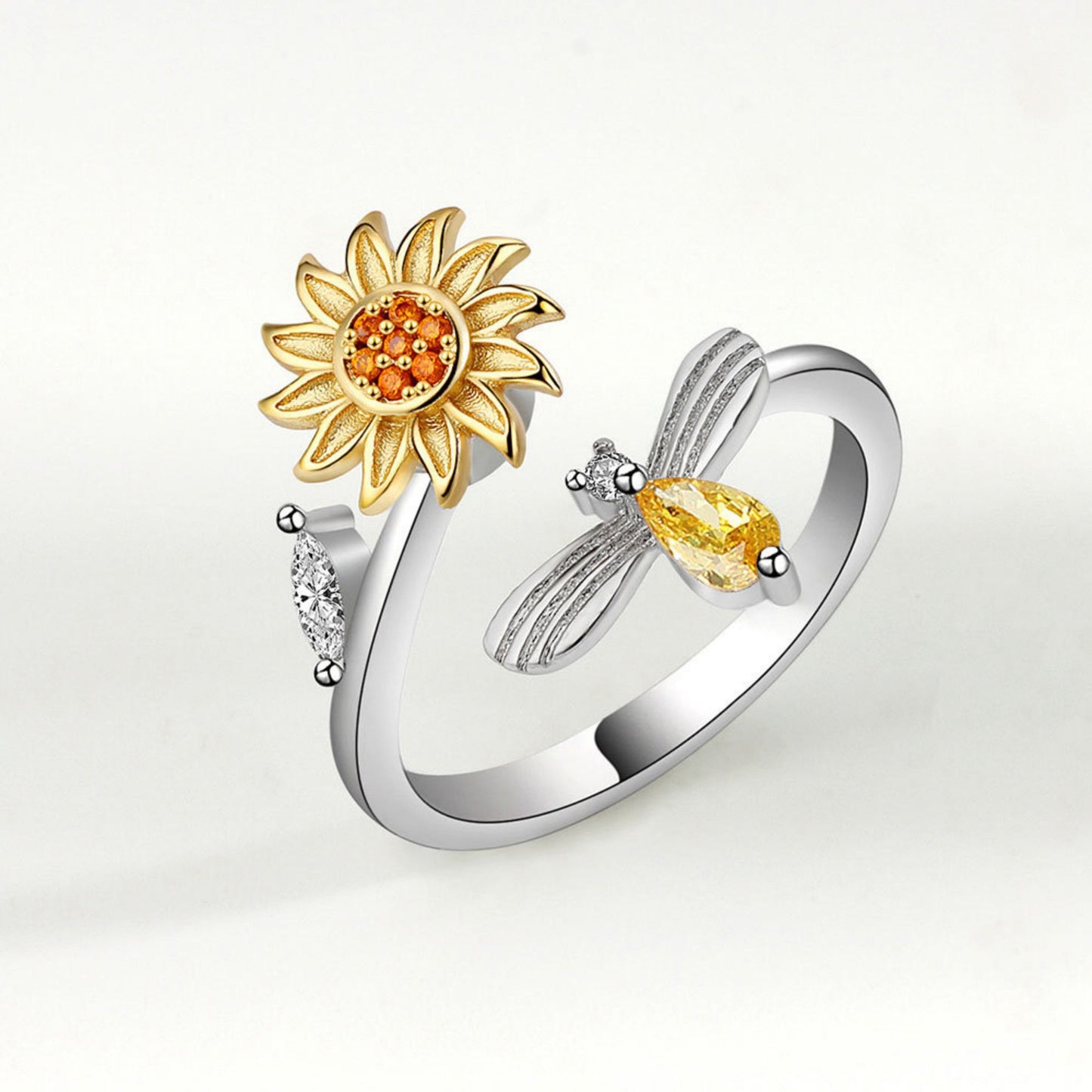 Women's Sunflower Adjustable Ring with Delicate Leaf Accent and Silver Tone Band 0.6in
