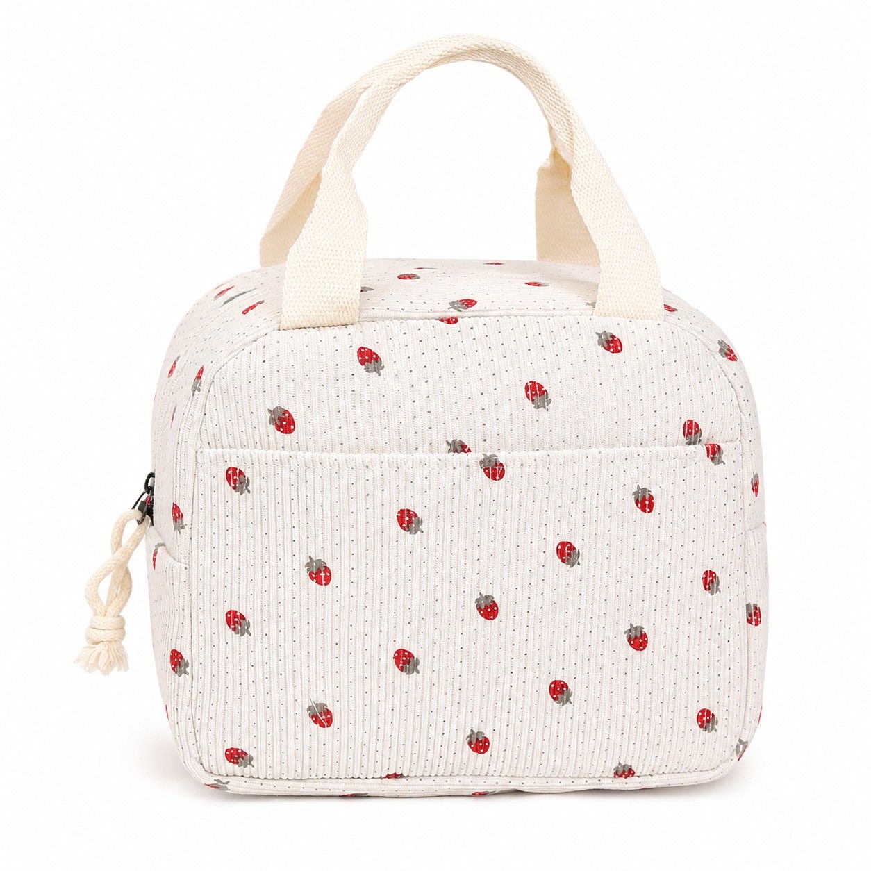 Floral Corduroy Insulated Lunch Tote Bag with Front Pocket and Zip Closure