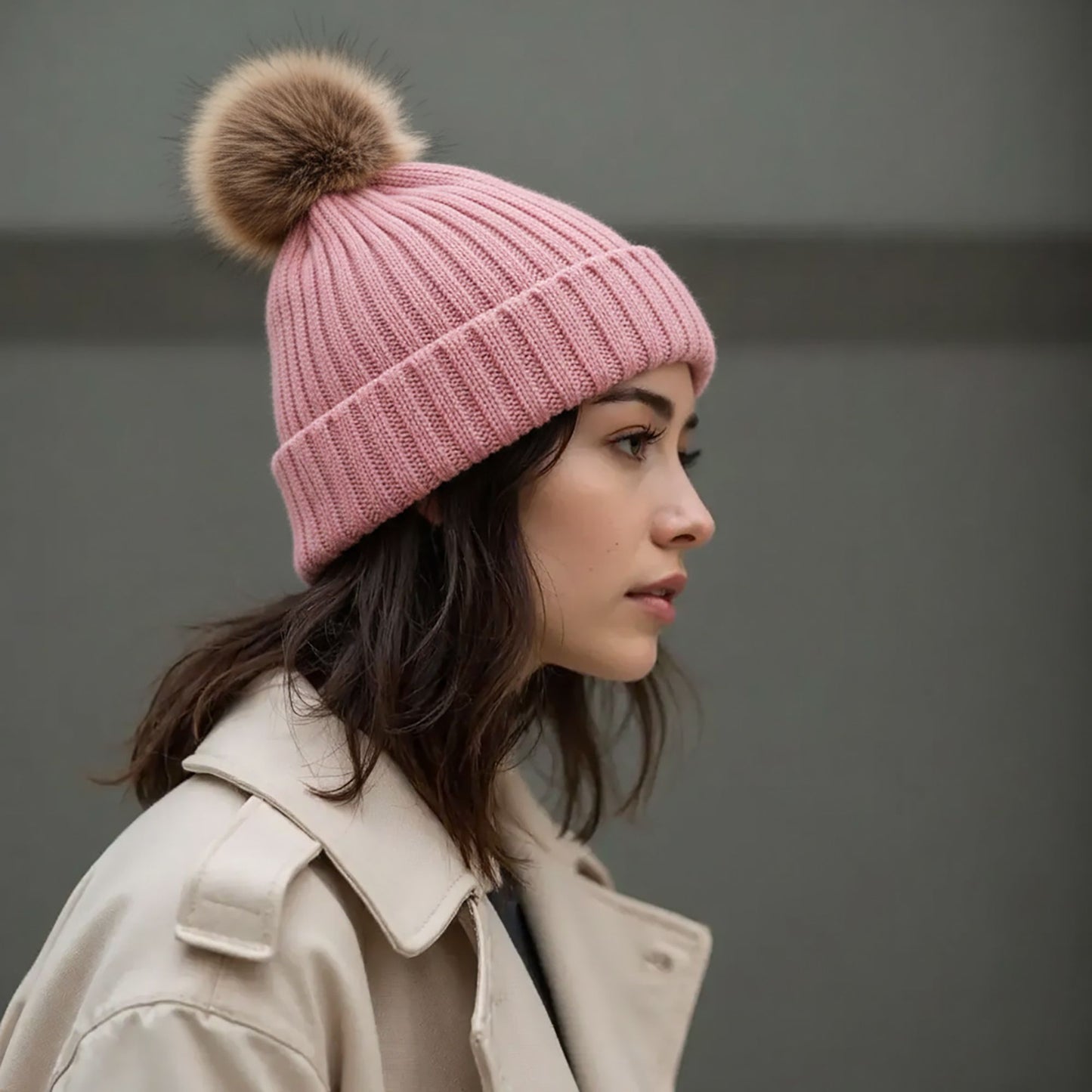 Cable Knit Beanie with Faux Fur Pom-Pom - Warm Stretchy Winter Hat for Casual Daily Wear