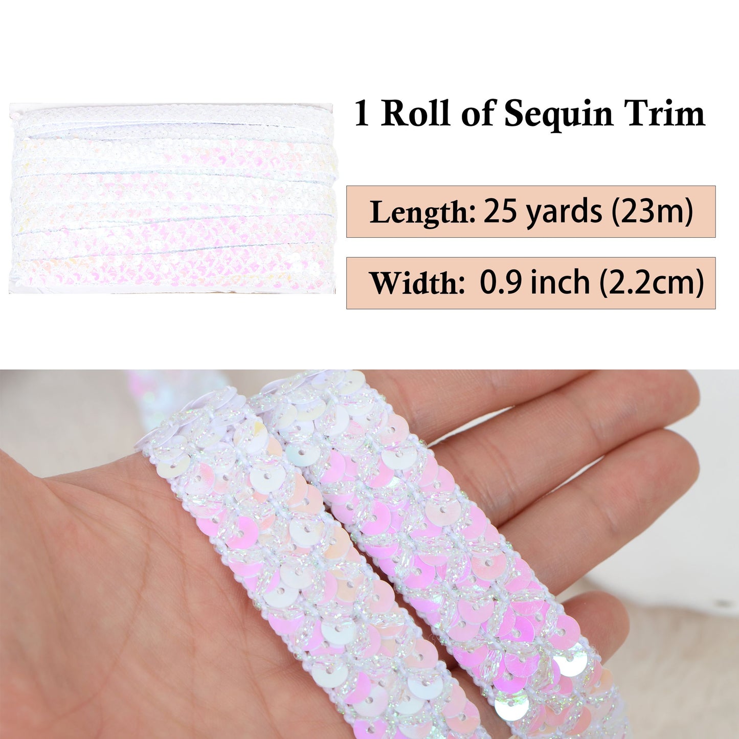 Sewing Sequin Trim 0.9 Inch 4 Row, 25 Yards Glitter Sequin Ribbon Metallic Stretch Bling Strip DIY Craft Decoration