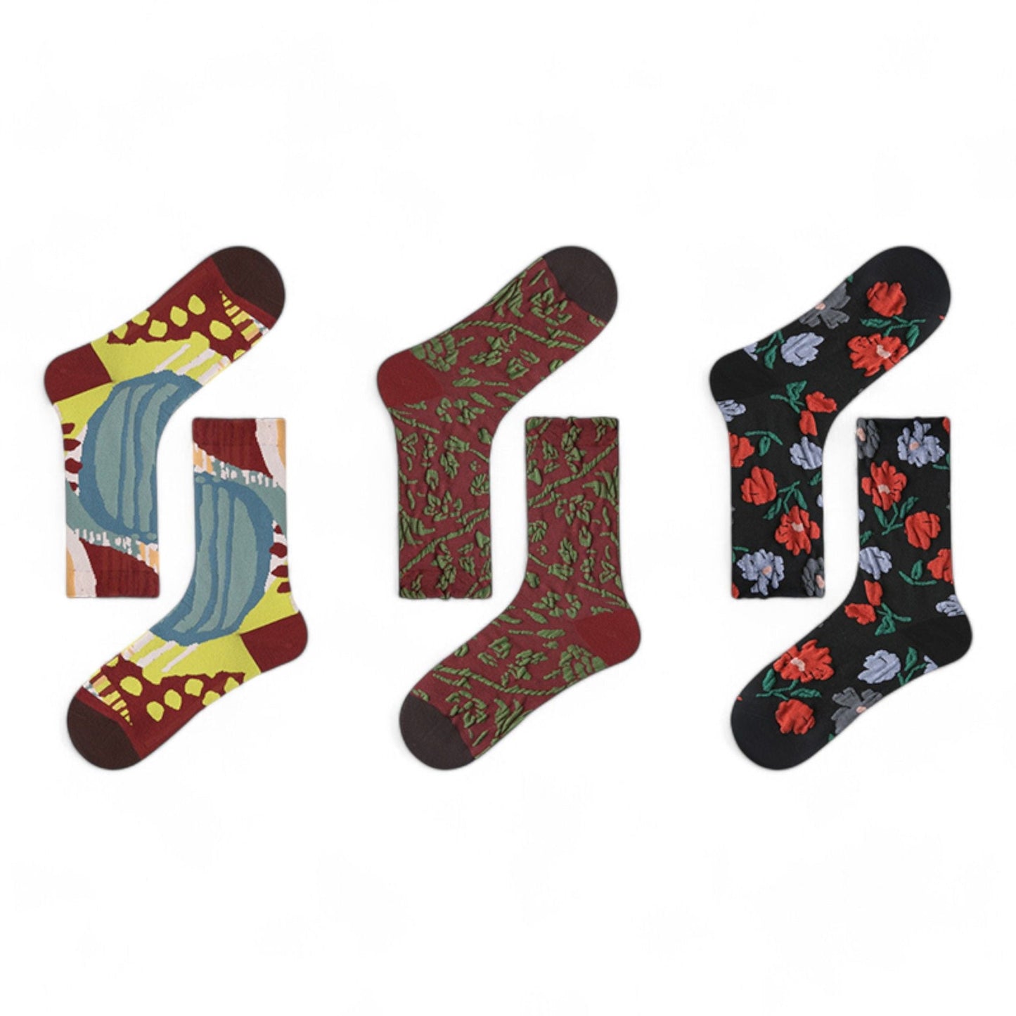 Women's 3-Pack Patterned Crew Socks with Vintage Embroidered Floral and Abstract Prints