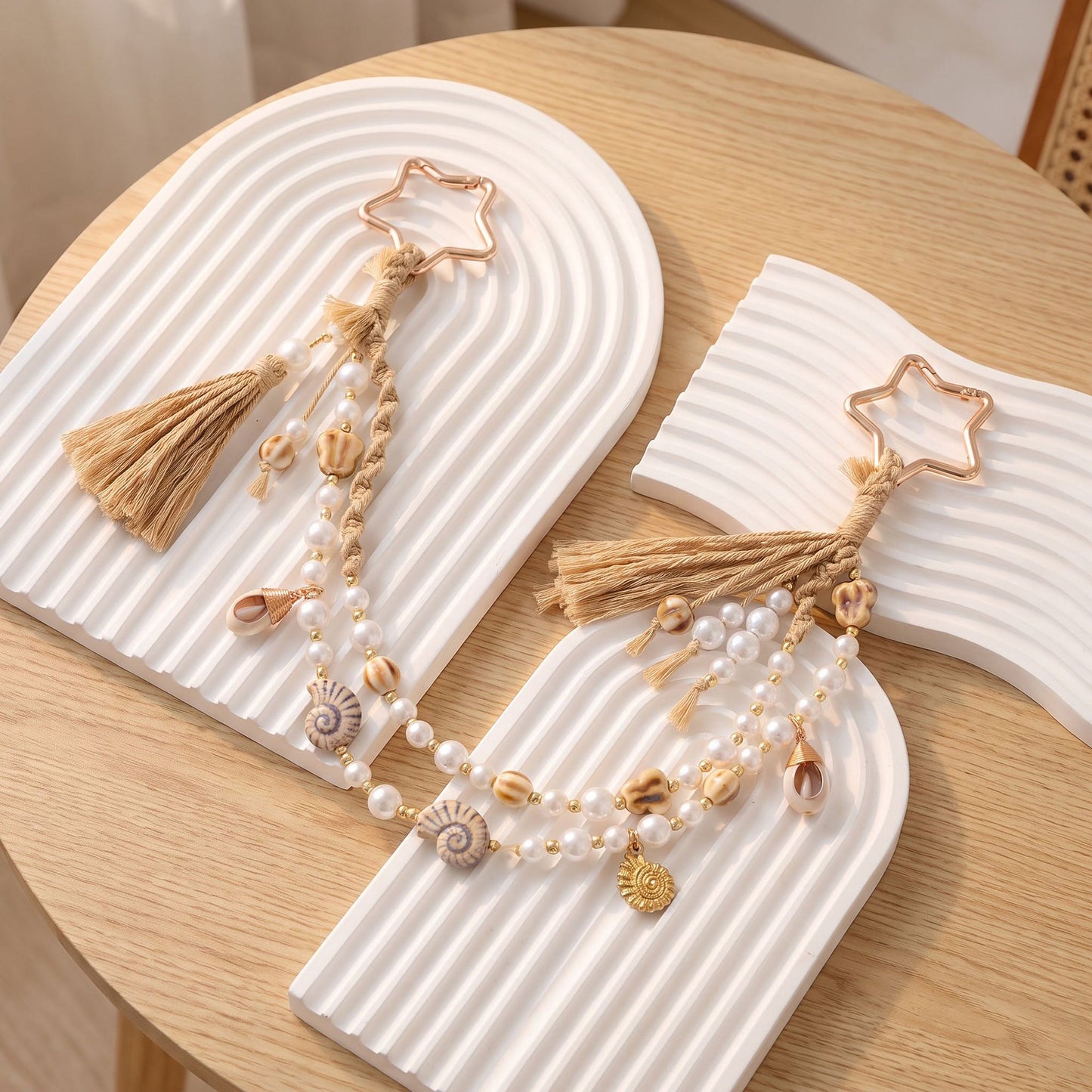 Coastal Bag Charm with Star Clips Pearl Look Beads Shell Accents and Tassels