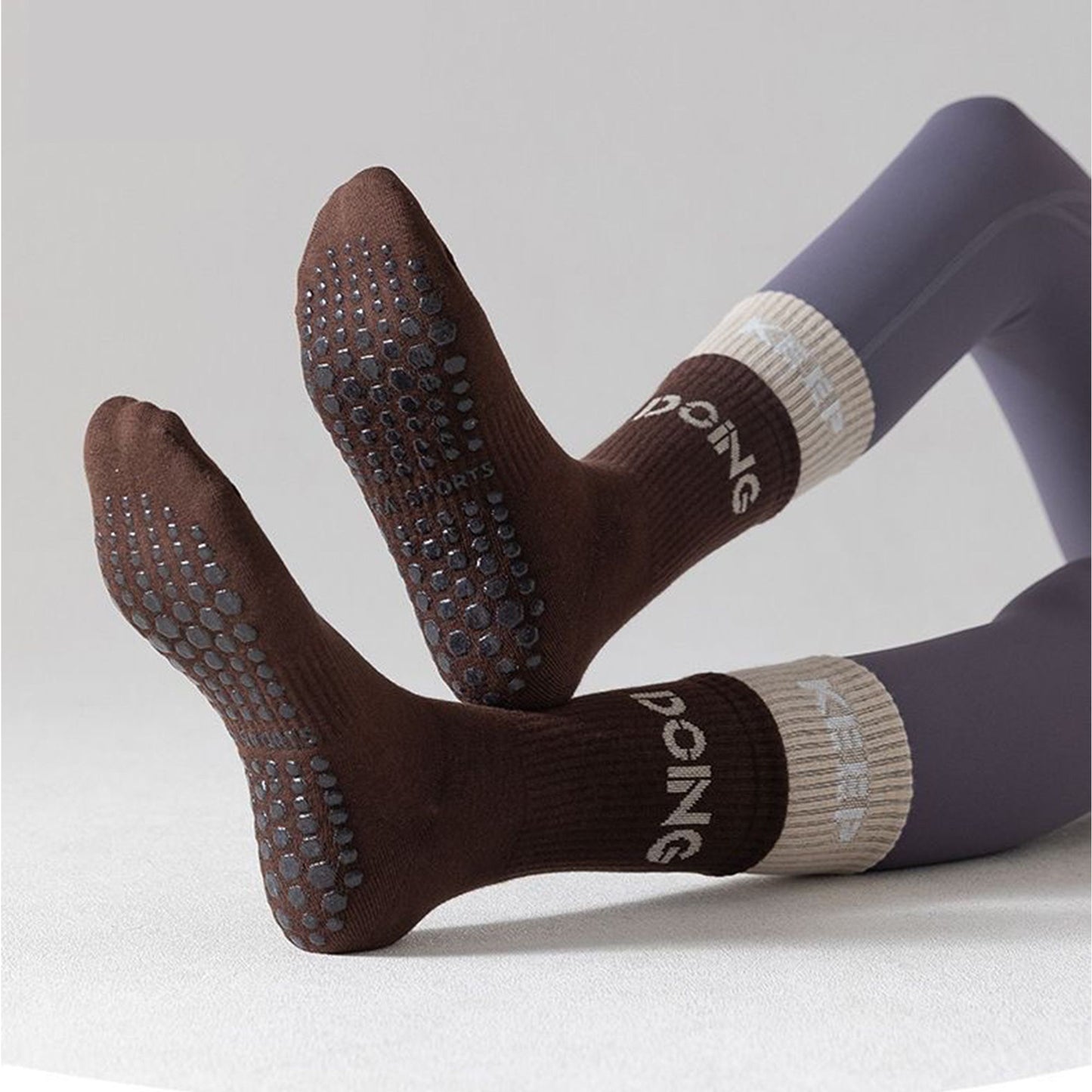 3-Pair Set Mid-Calf Grip Socks with Cushioned Soles and Motivational Text for Yoga Pilates Fitness