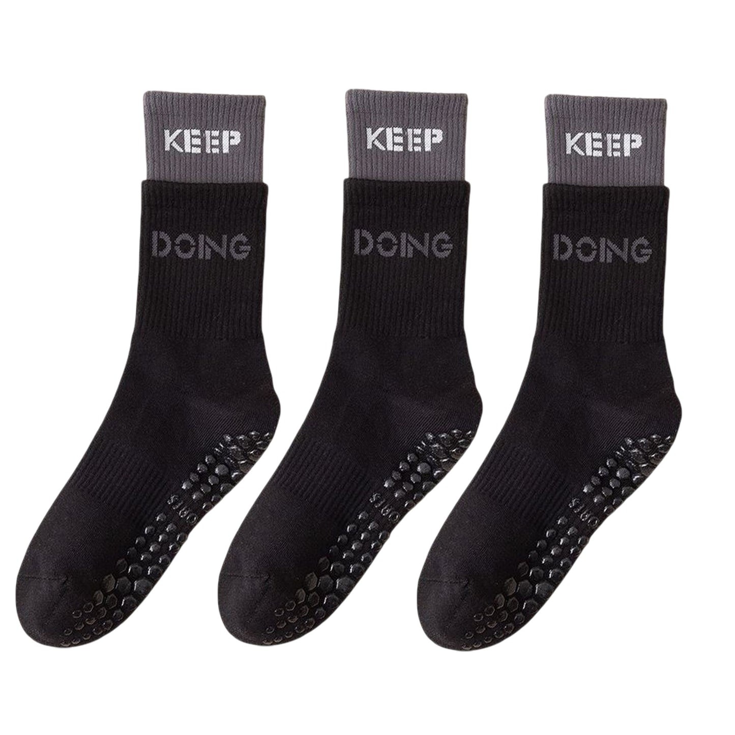 3-Pair Set Mid-Calf Grip Socks with Cushioned Soles and Motivational Text for Yoga Pilates Fitness