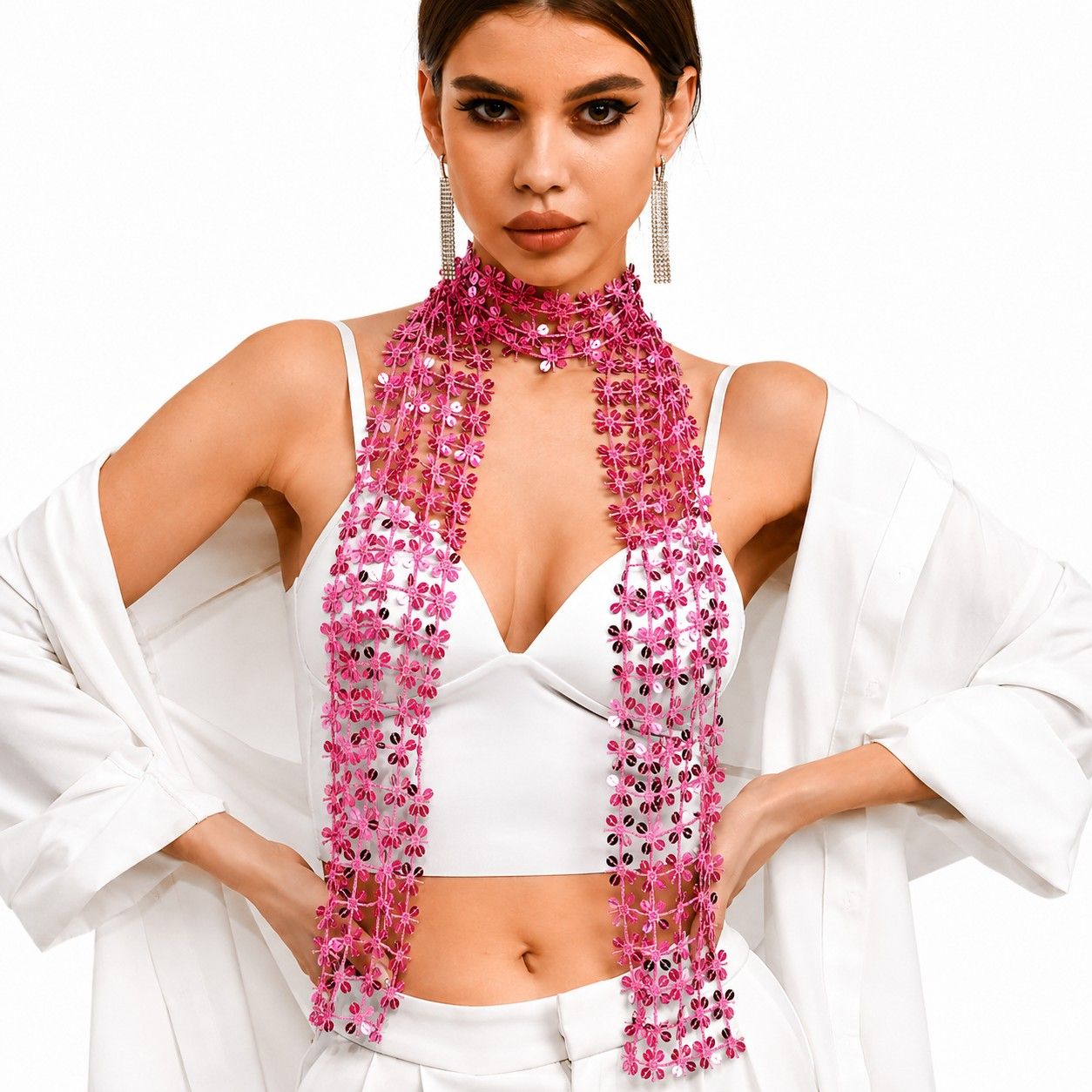 Sequin Floral Skinny Scarf Mesh Neck Wrap