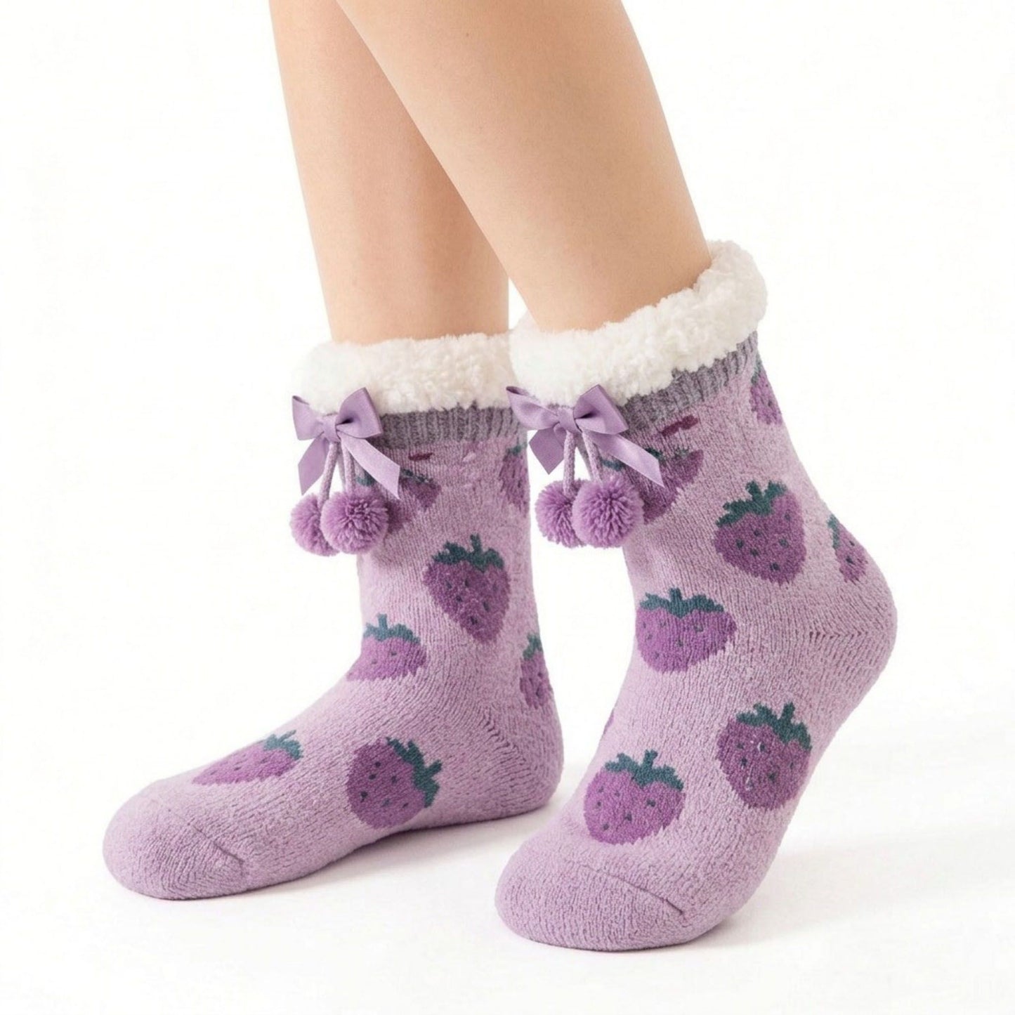 Fuzzy Strawberry Bow Crew Socks  US 5-10.5