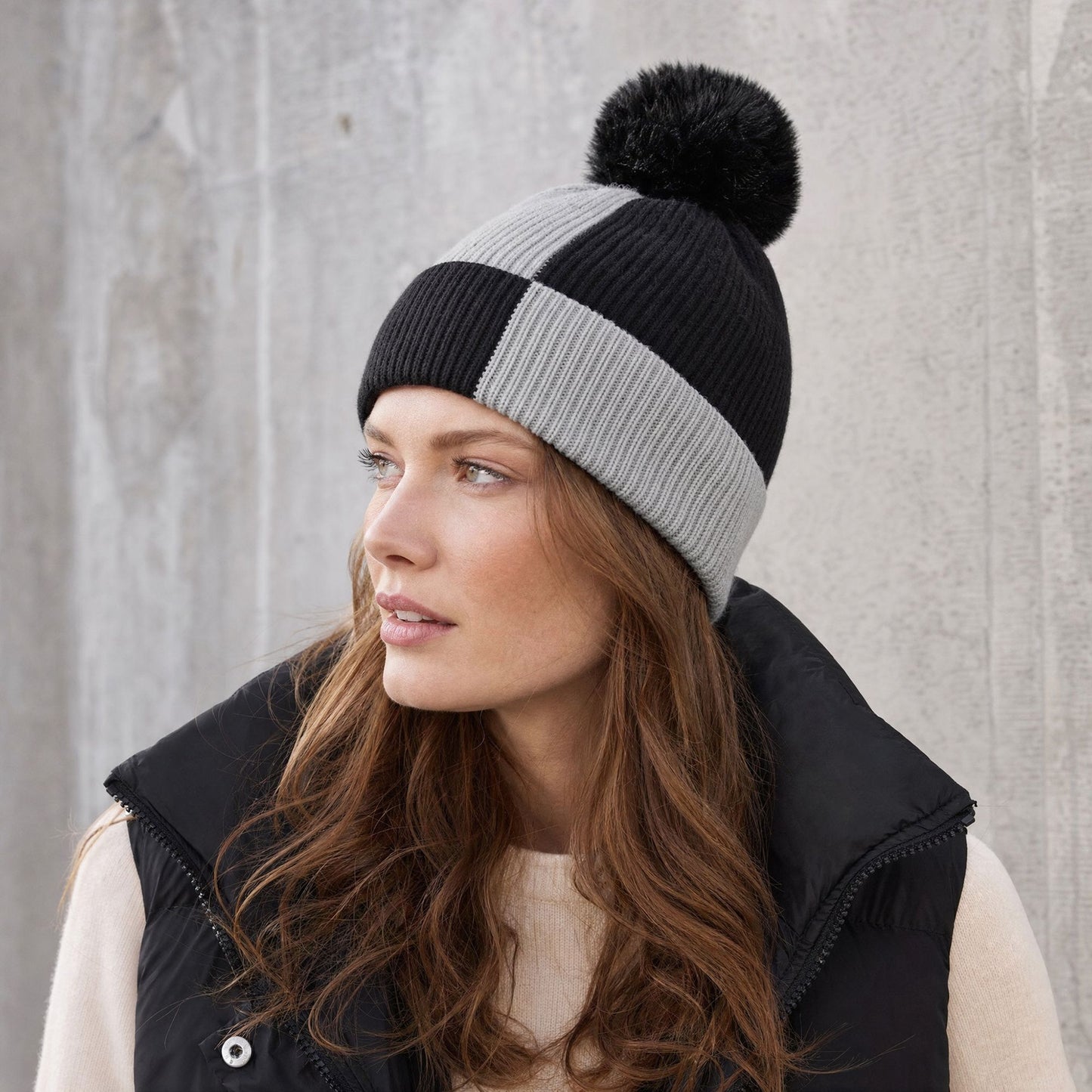 Color Block Knit Beanie Winter Hat with Pom and Plush Lining