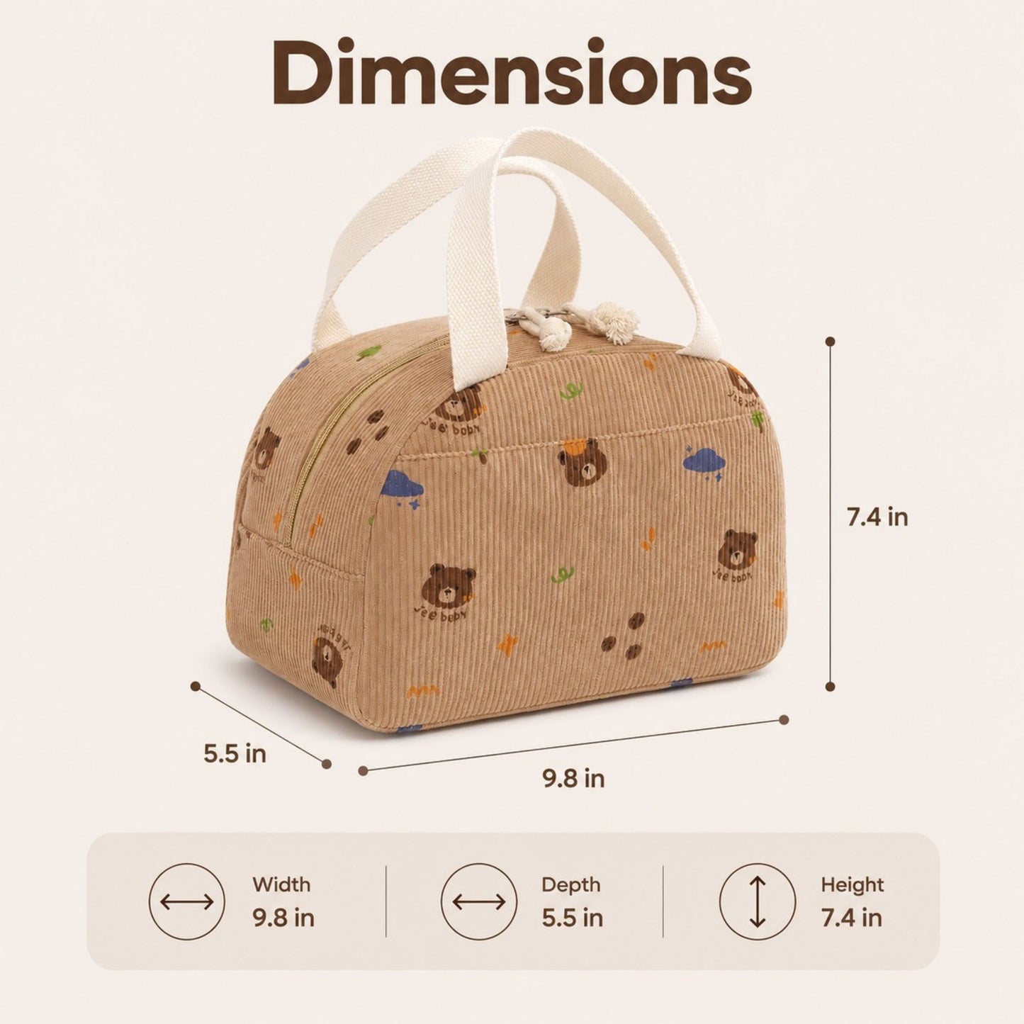 Heart Print Corduroy Insulated Lunch Bag with Handles and Zip Closure