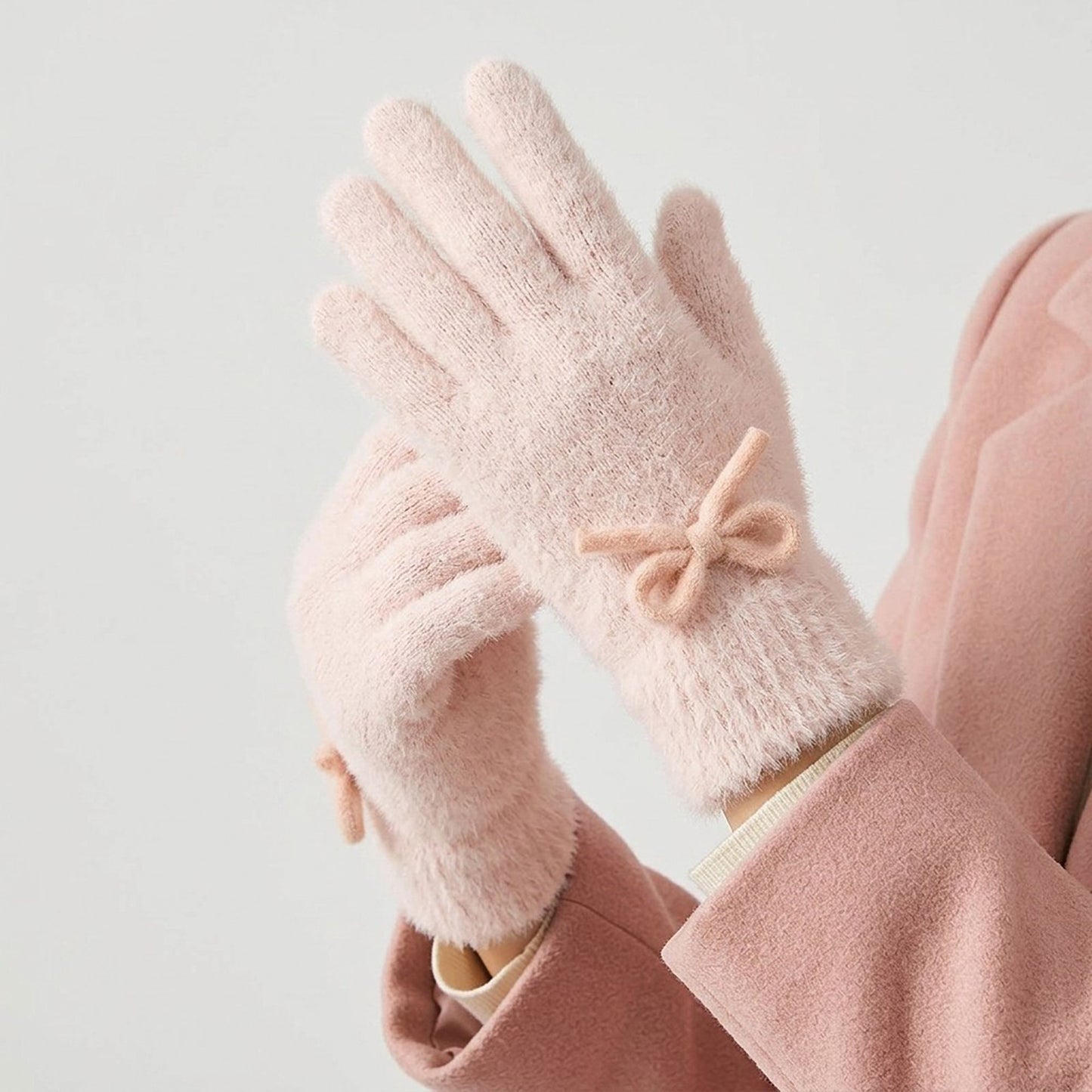 Soft Fuzzy Winter Gloves with Knit Bow Detail