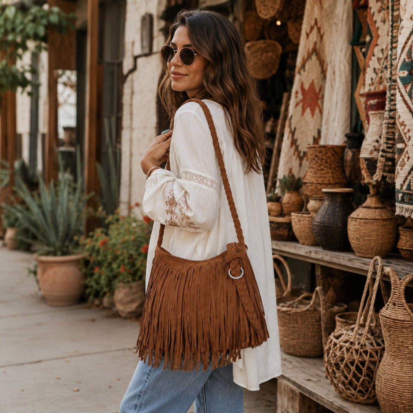 Fringe Crossbody Bag Black Suede Look Boho Shoulder Purse with Braided Strap