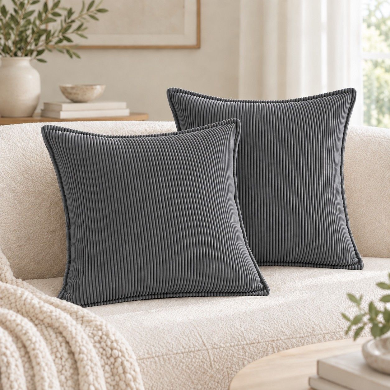 2 Pack Soft Ribbed Corduroy Throw Pillow Covers 18 x 18 Inch Solid Color