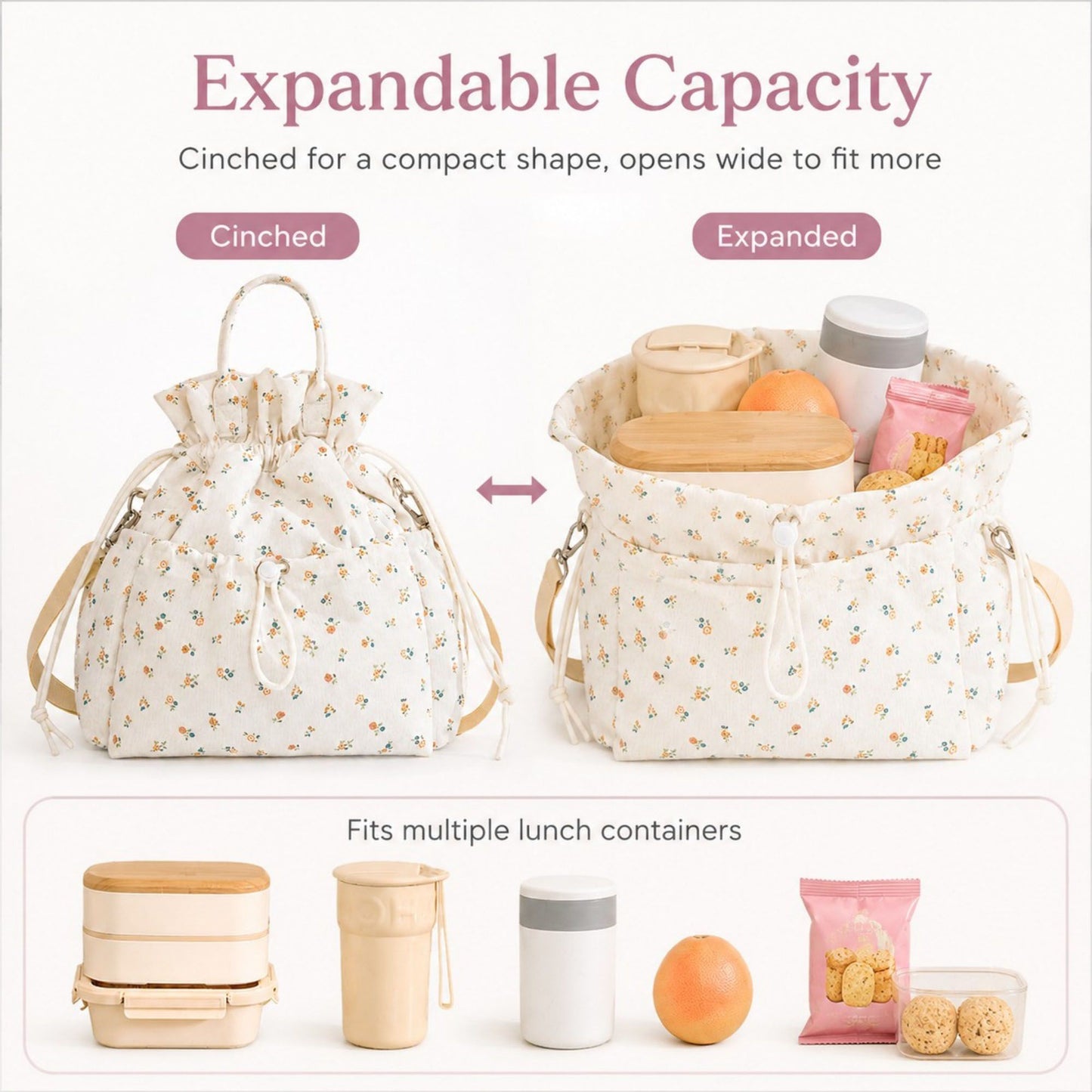 Insulated Drawstring Lunch Bag with Pockets, Top Handles and Shoulder Strap