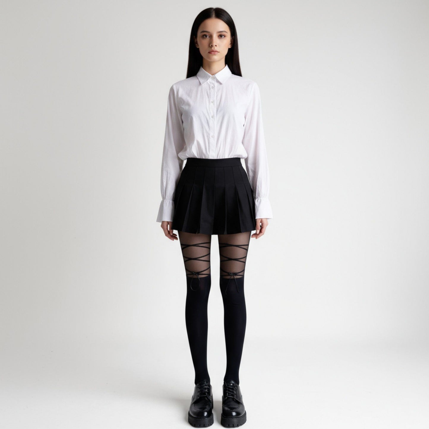 Sheer Tights with Crisscross Lace-Up Detail and Opaque Lower Leg Design