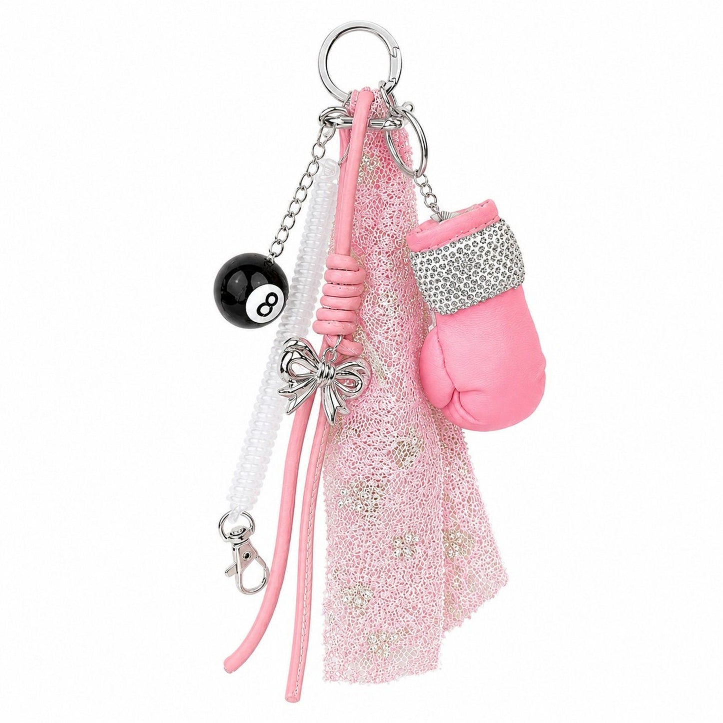 Boxing Glove Keychain Bag Charm with 8 Ball Accent Lace Ribbon and Clip