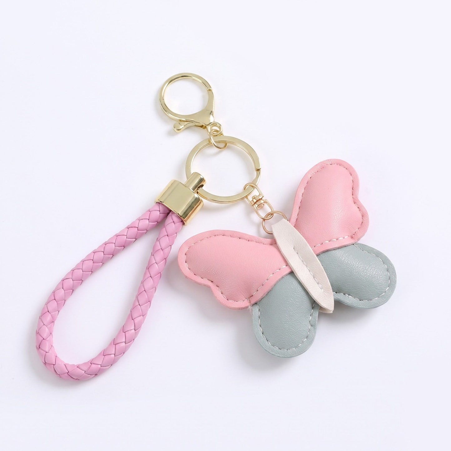 2-Piece Womens Faux Leather Bag Charm Keychain with Braided Wrist Strap and Gold Tone Ring