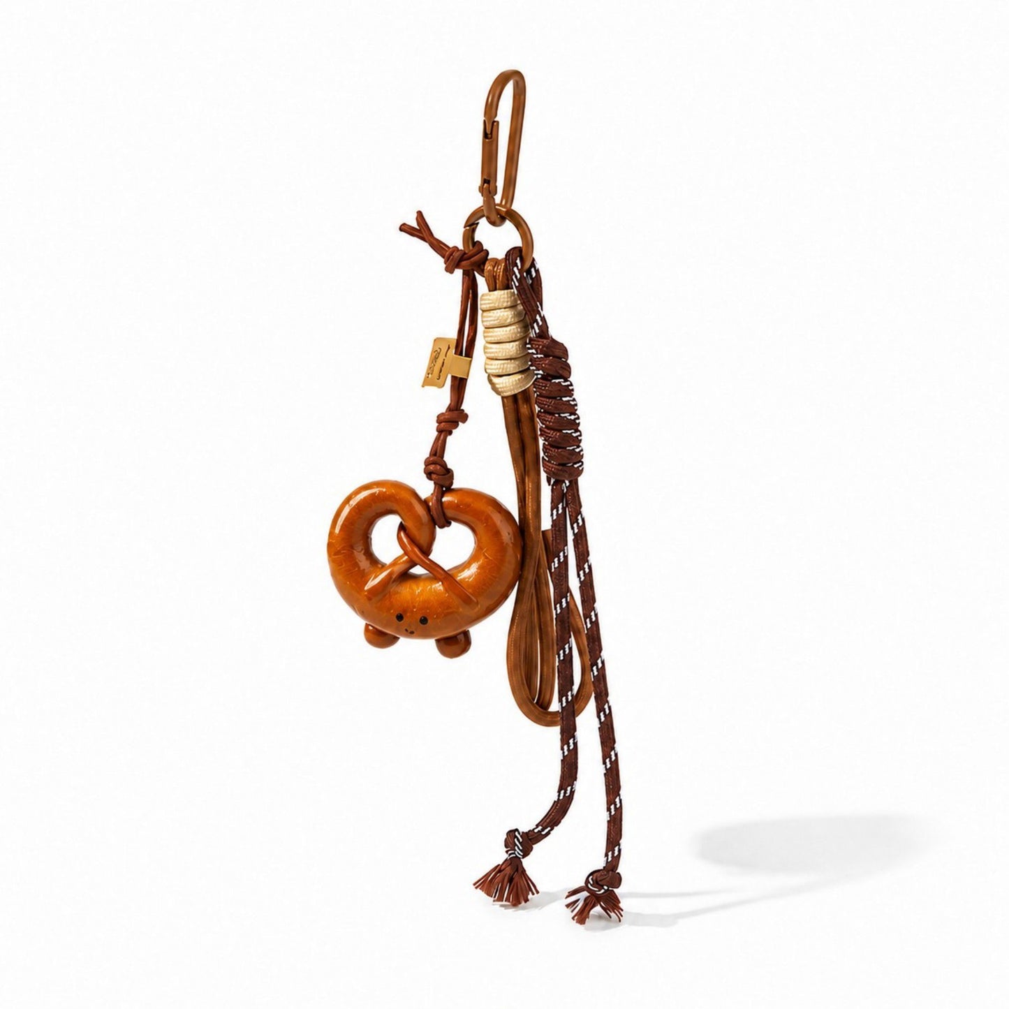 Pretzel Keychain Bag Charm with Brown Cord Tassel Carabiner Clip and Gold Tone Accent
