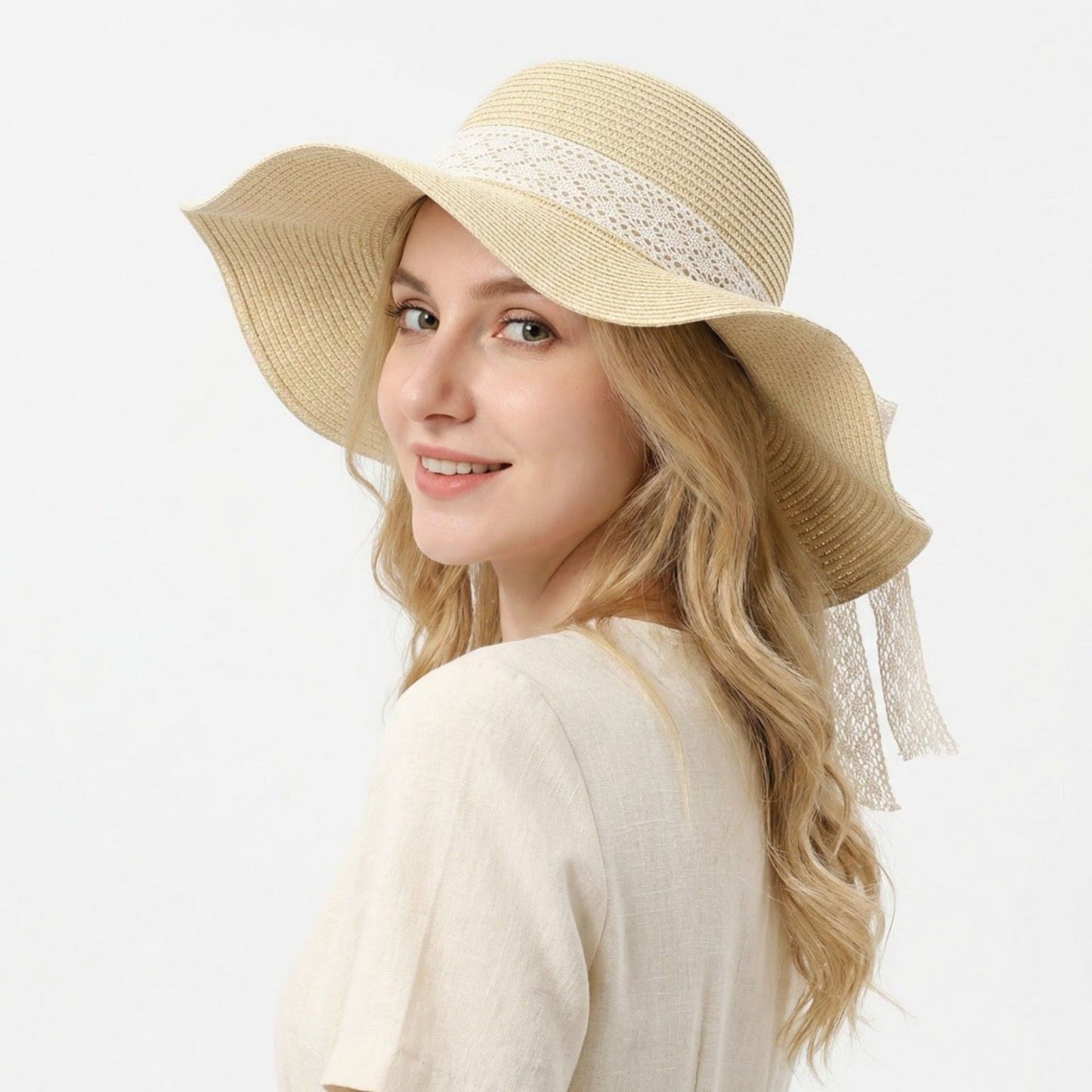 Women's Wide Brim Straw Sun Hat Lace Ribbon Tie Lightweight Summer Beach Hat