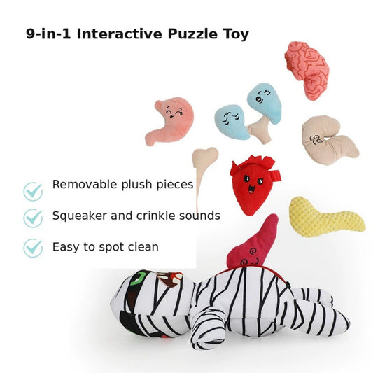 9-in-1 Interactive Mummy Dog Puzzle Toy with Squeaker and Crinkle Plush Pieces