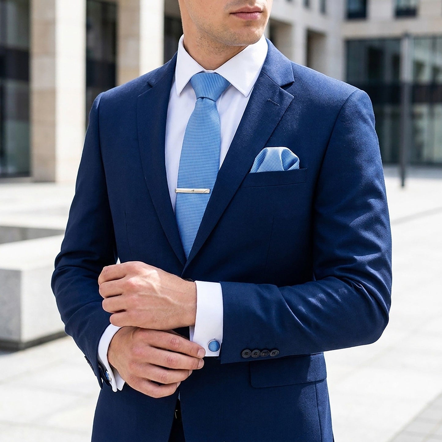 Men's Jacquard Woven Tie Set with Pocket Square Cufflinks and Tie Clip