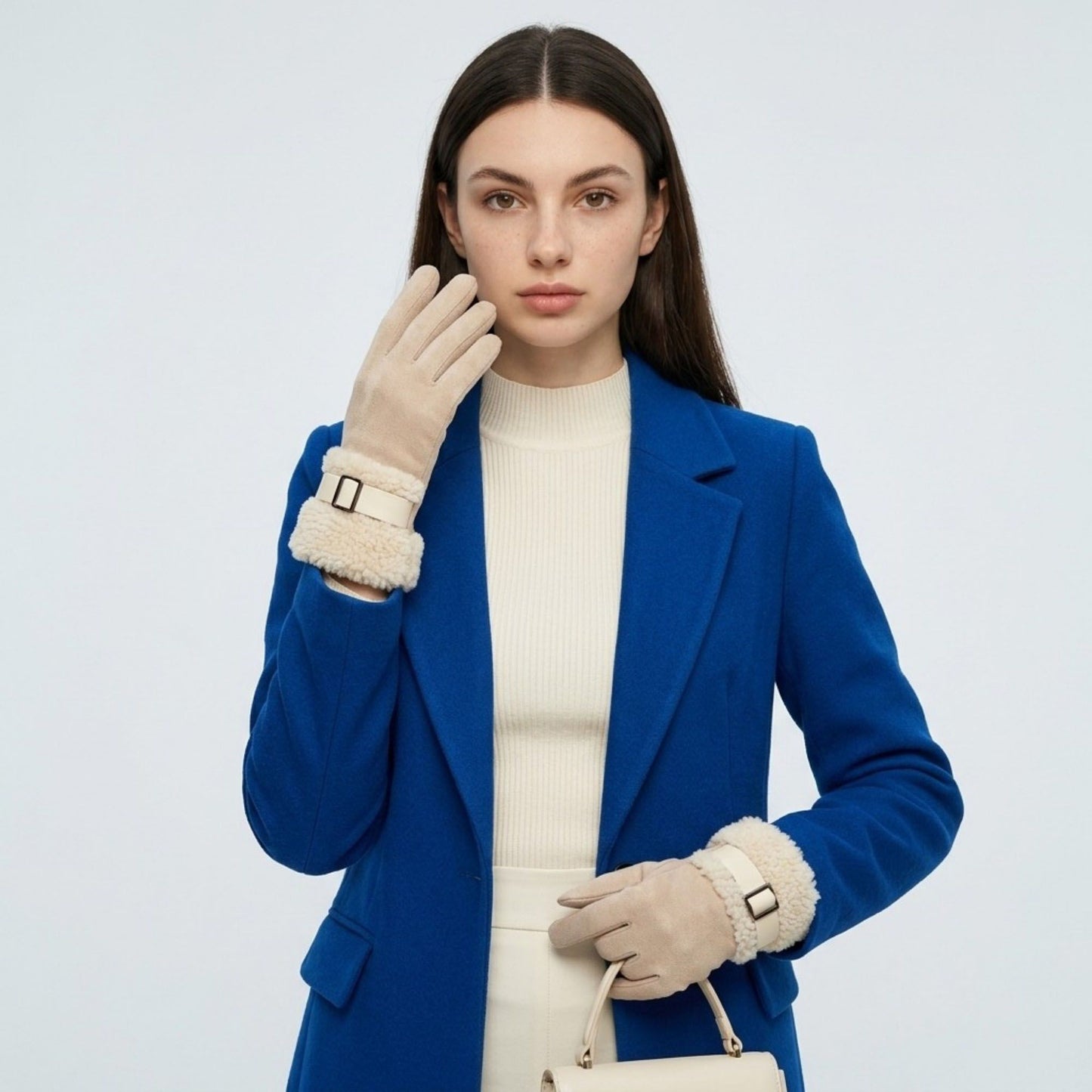 Faux Suede Gloves with Plush Faux Fur Cuffs and Buckle Detail