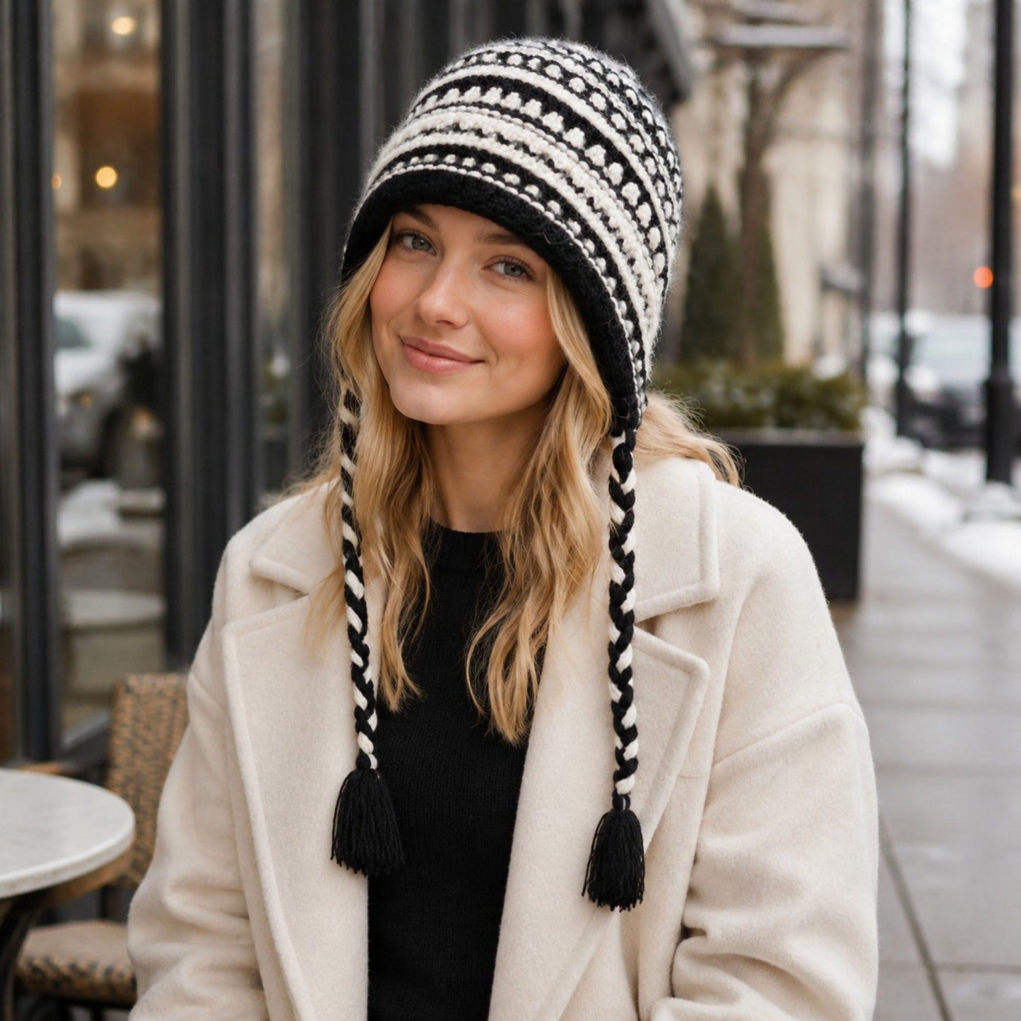 Patterned Knit Beanie with Braided Tassels
