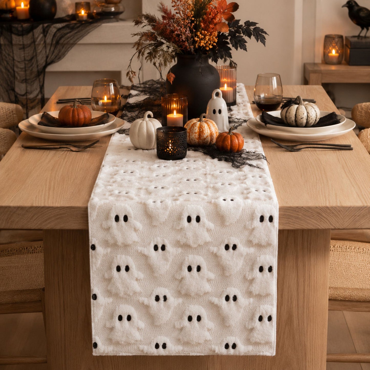 Halloween Black-Eyed Ghost Tufted Table Runner