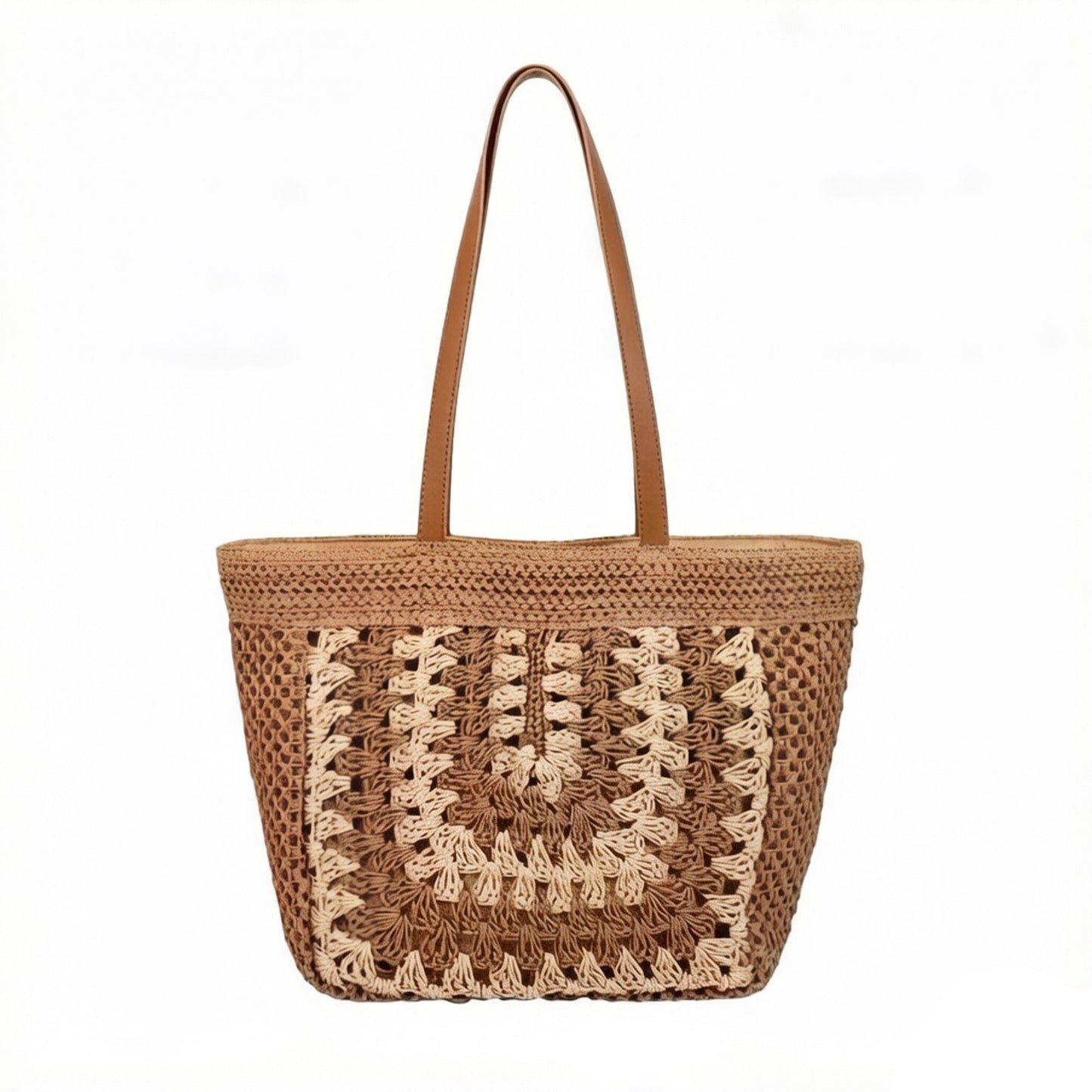 Woven Crochet Tote Bag with Openwork Panel Design Leather Shoulder Strap Lightweight Knit Handbag