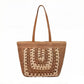 Woven Crochet Tote Bag with Openwork Panel Design Leather Shoulder Strap Lightweight Knit Handbag