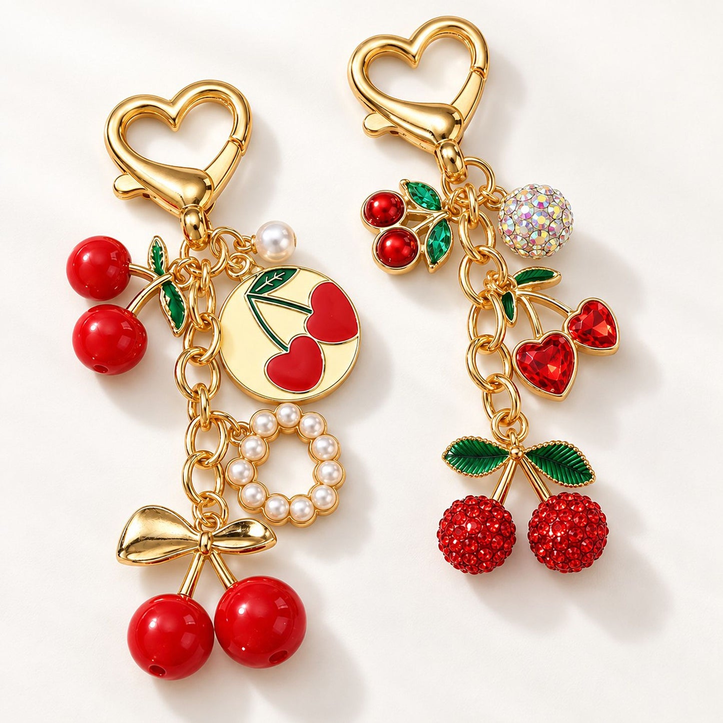 Crystal Cherry Bag Charm Gold-Tone Fruit Keychain Set