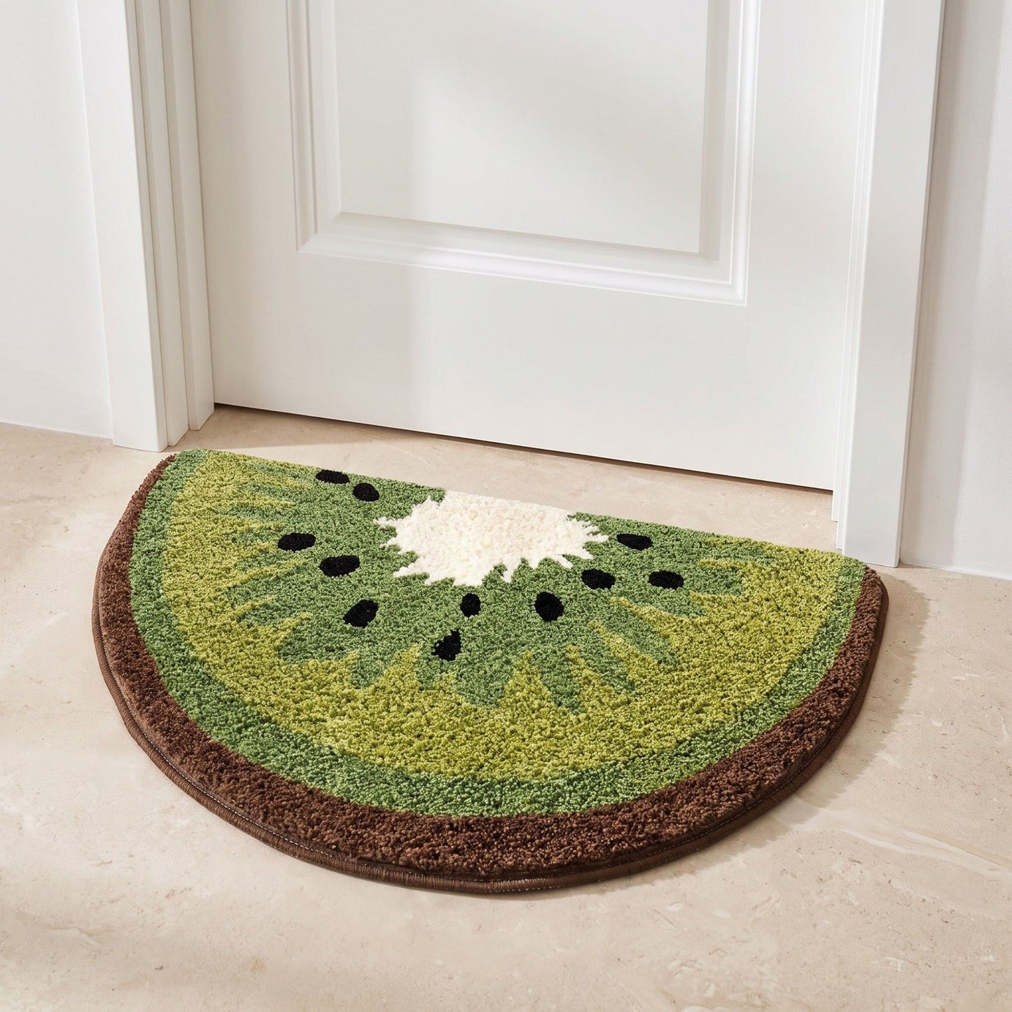 Kiwi Fruit Slice Plush Semicircle Bathroom Mat with Green Tufted Design