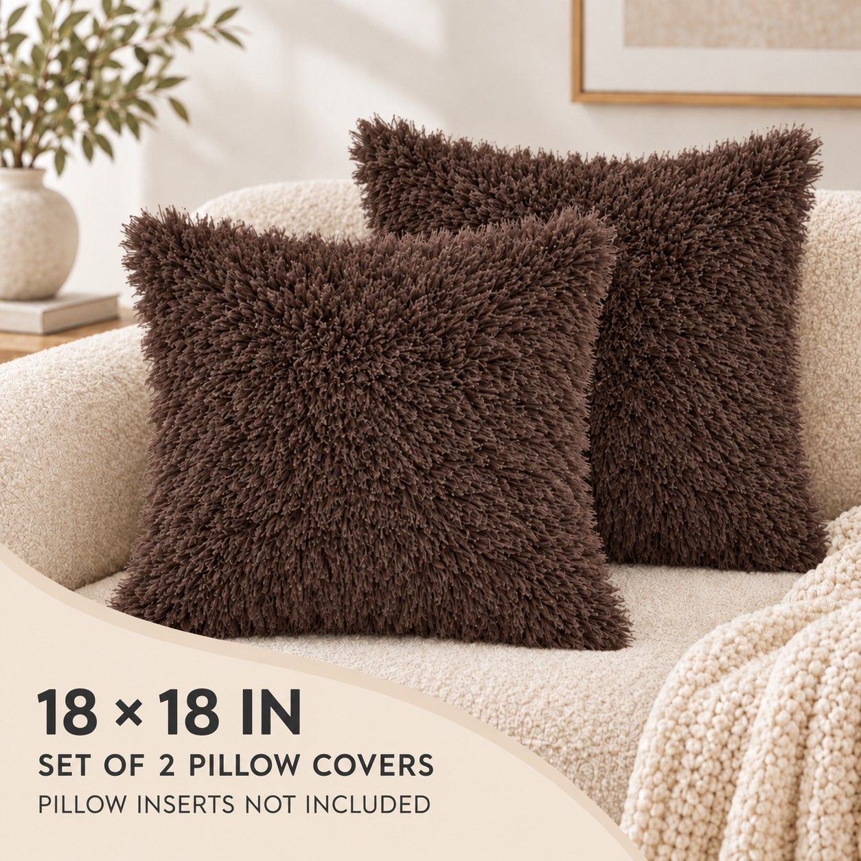 2 Pack Shaggy Faux Fur Throw Pillow Covers 18 x 18 Inch for Couch Sofa and Bed
