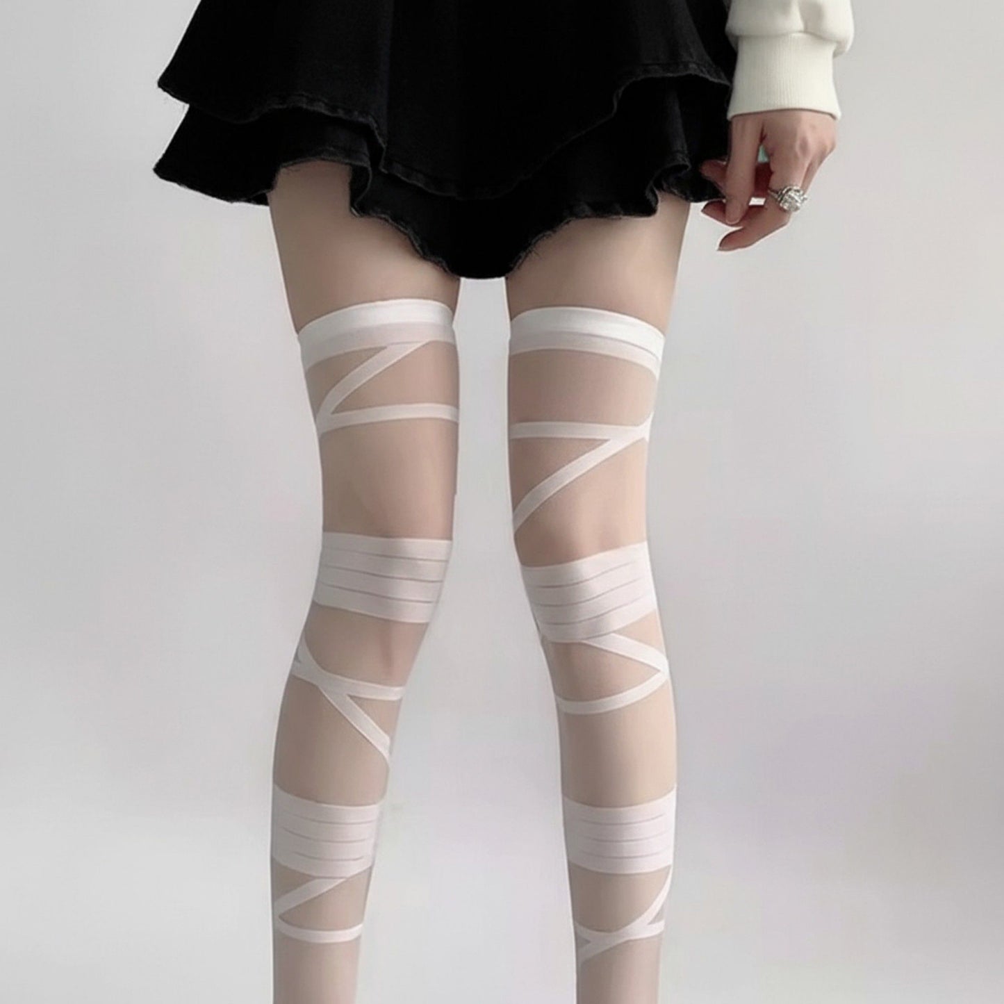 Sheer Tights with Wrapped Ribbon Illusion and Gothic Layered Design