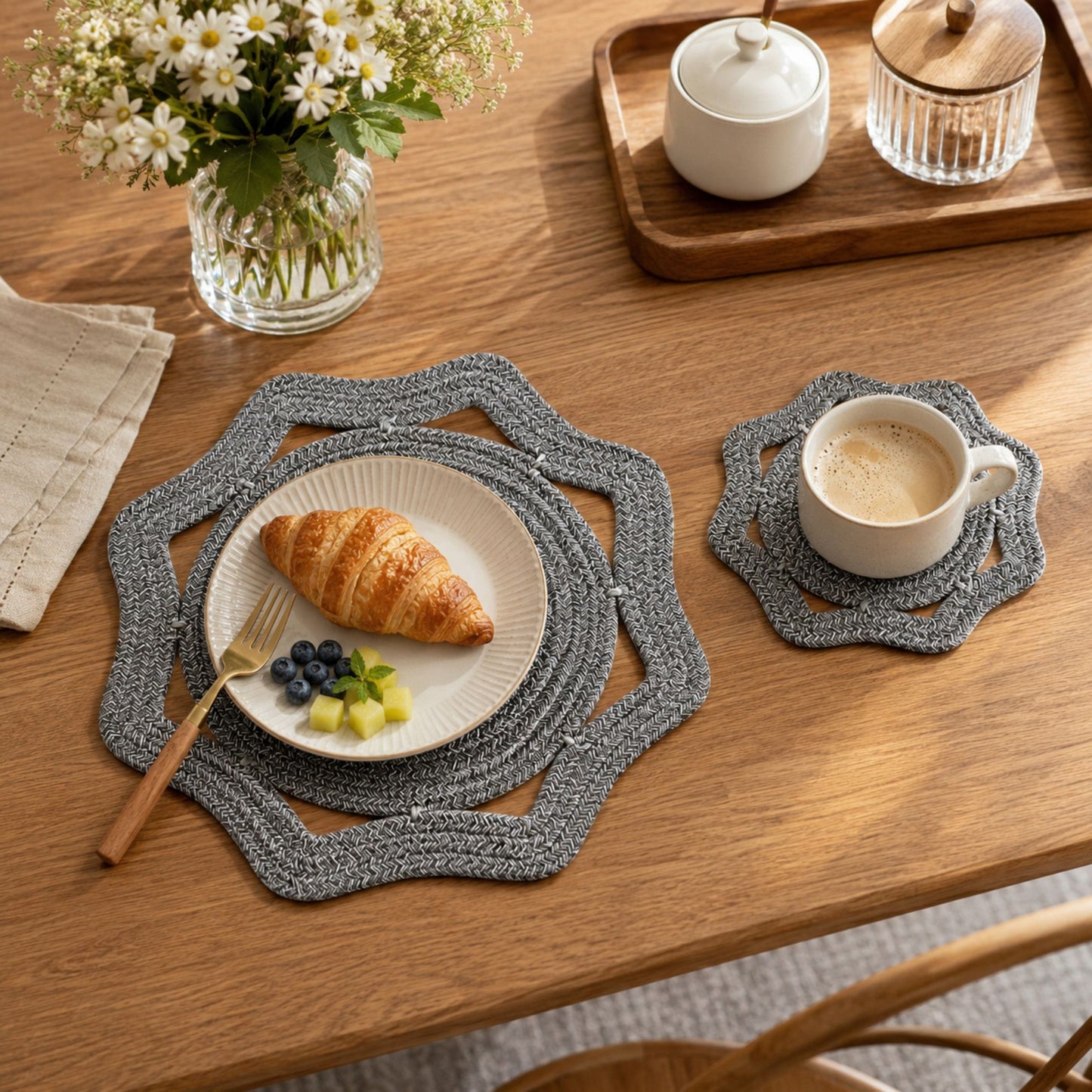 Woven Cotton Cord Octagonal Placemat and Coaster 2-Piece Set