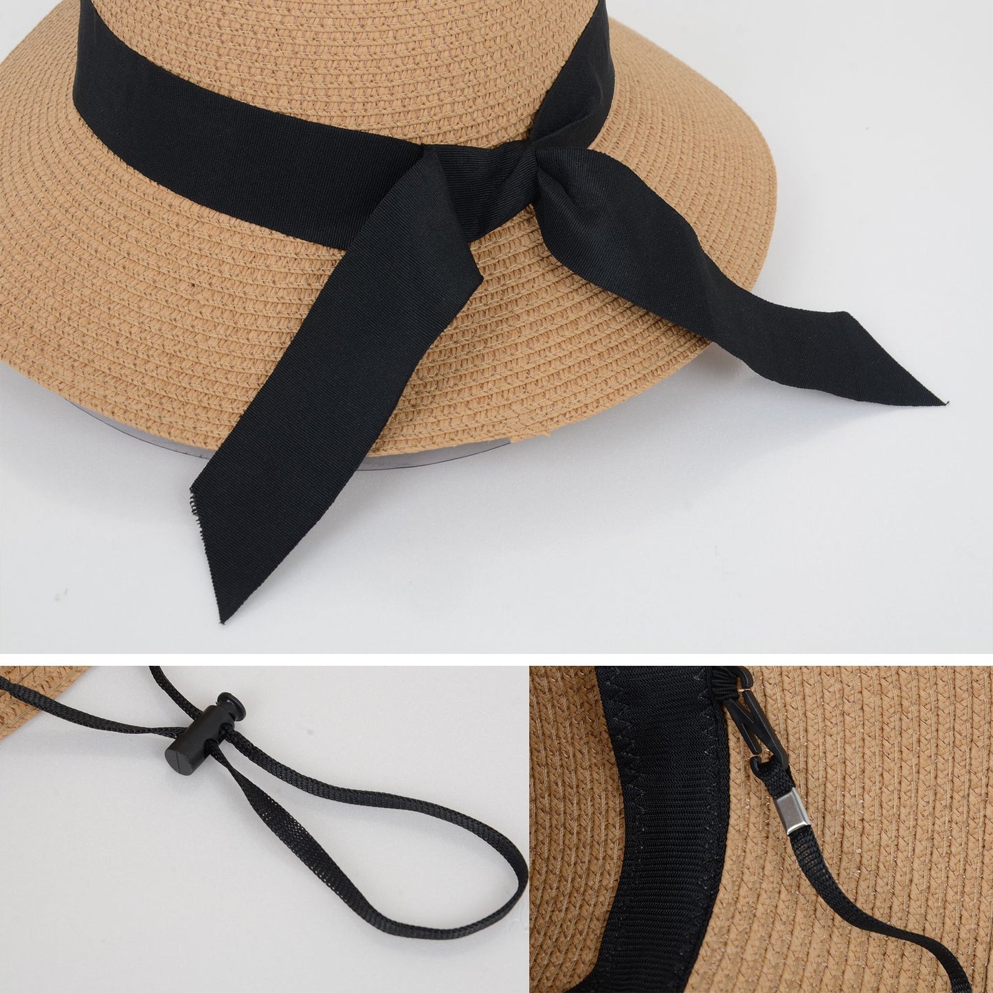 Wide Brim Straw Sun Hat with Black Ribbon Bow Adjustable Chin Strap Inner Sweatband for Outdoor and Travel Use
