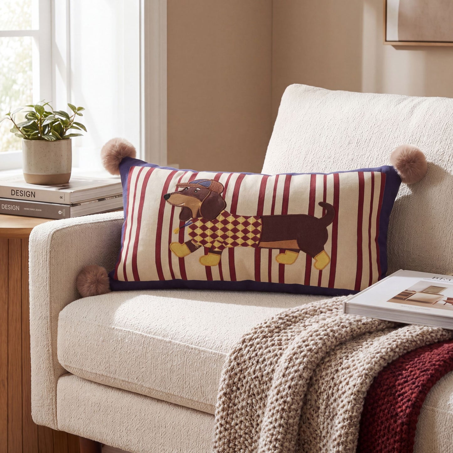 Dachshund Dog Print Decorative Throw Pillow Cover with Pom Pom Corners and Hidden Zipper