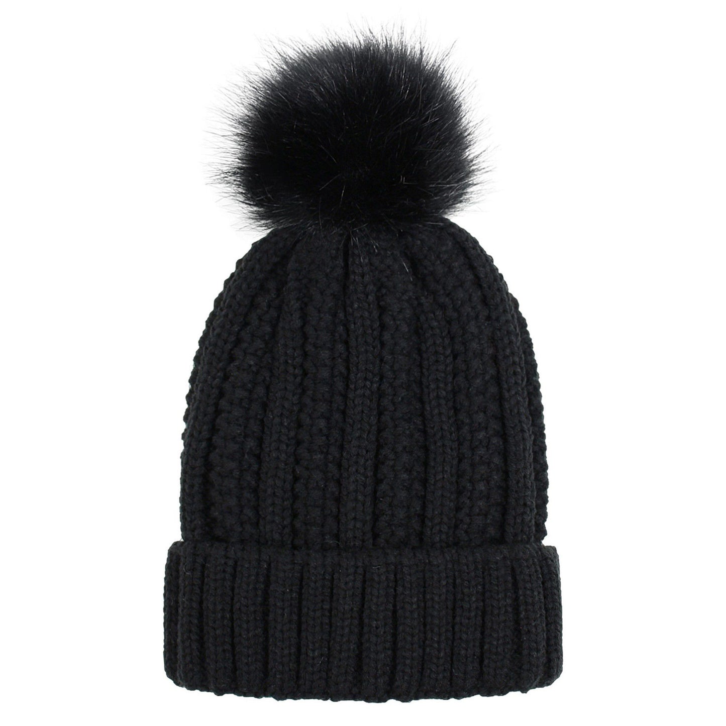 Soft Knit Winter Beanie Hat with Satin-Lined Interior Ribbed Texture and Fluffy Pom Detail