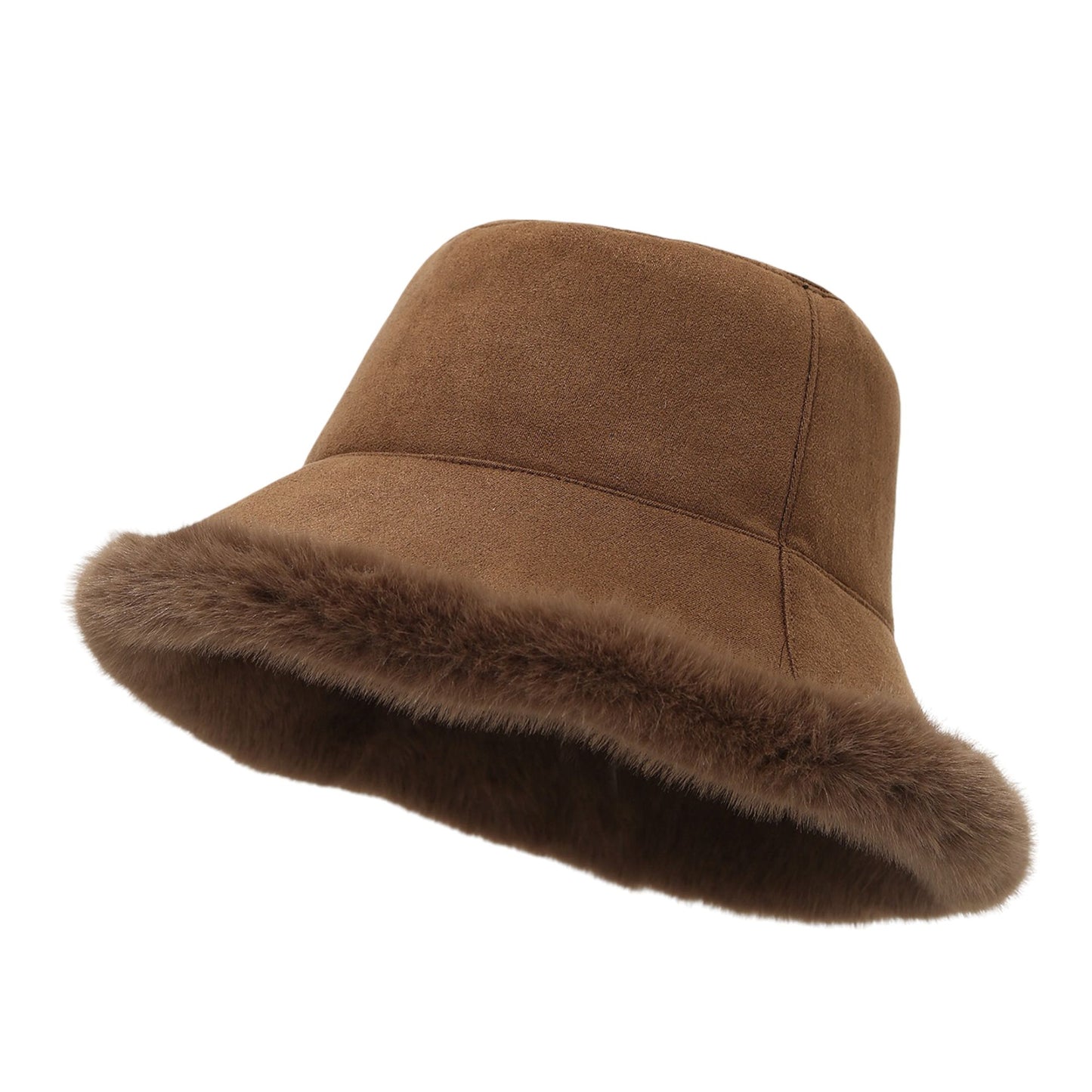 Faux Suede Bucket Hat with Faux Fur Trim Winter Hat