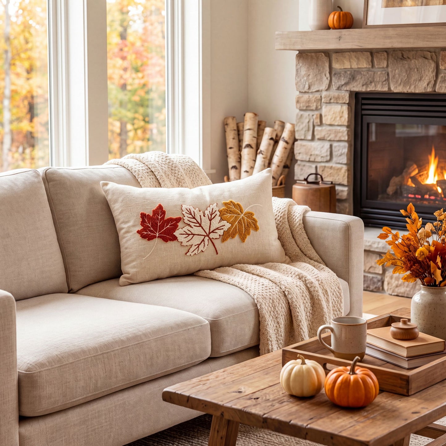 Fall Maple Leaf Textured Lumbar Throw Pillow Cover Autumn Sofa Bed Decor